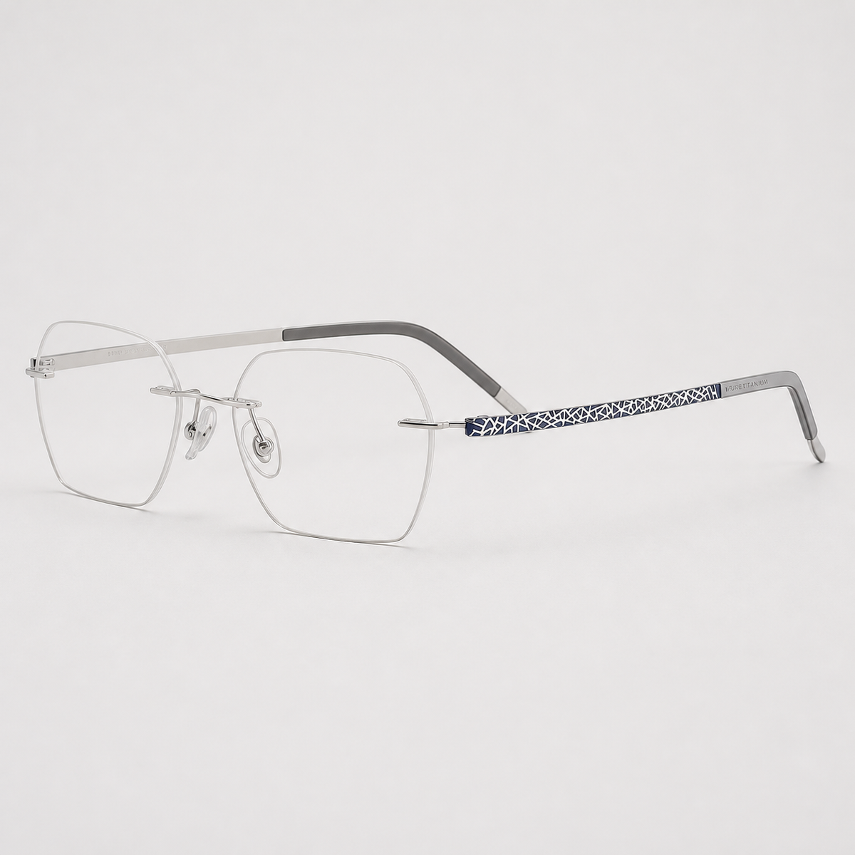 Silver/Blue pure titanium rimless rectangular eyeglasses, side-profile product view