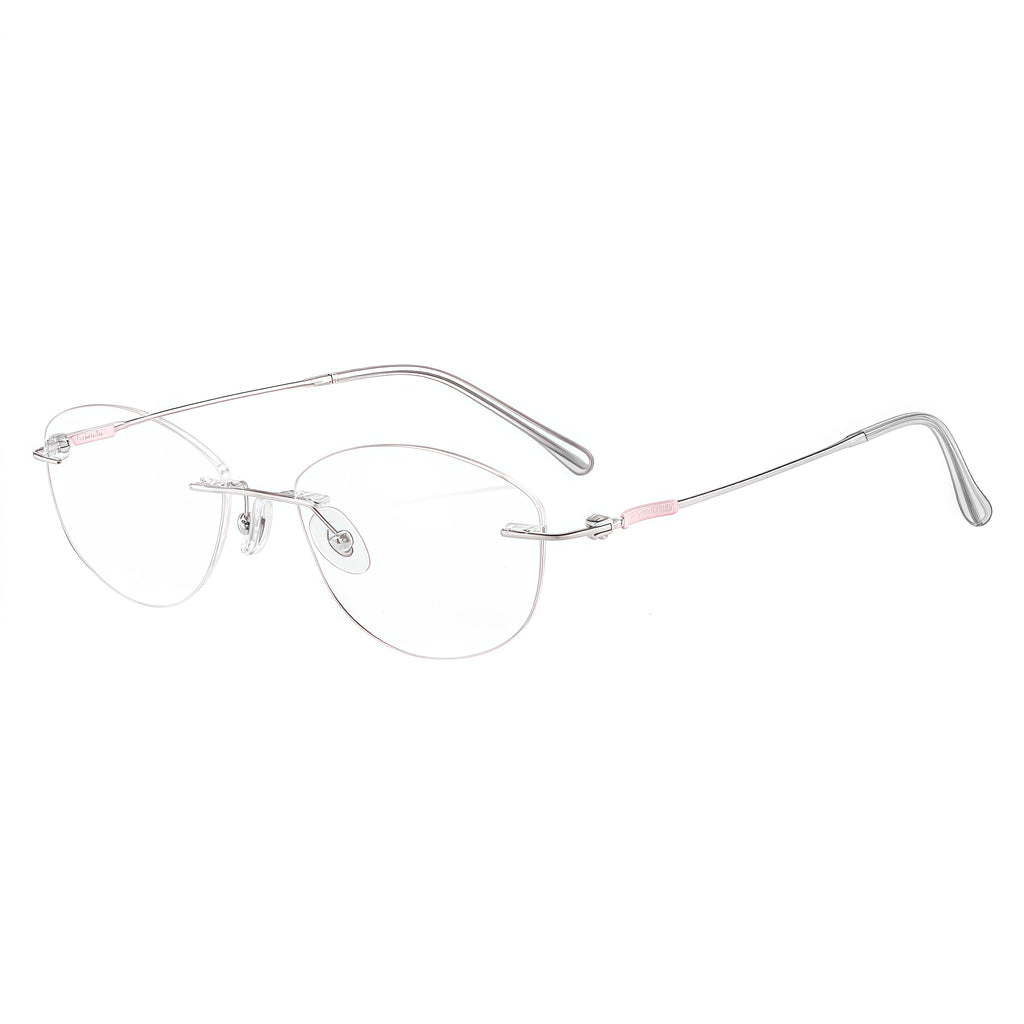 Pink/Silver women's pure titanium cat-eye rimless eyeglass frames, product views