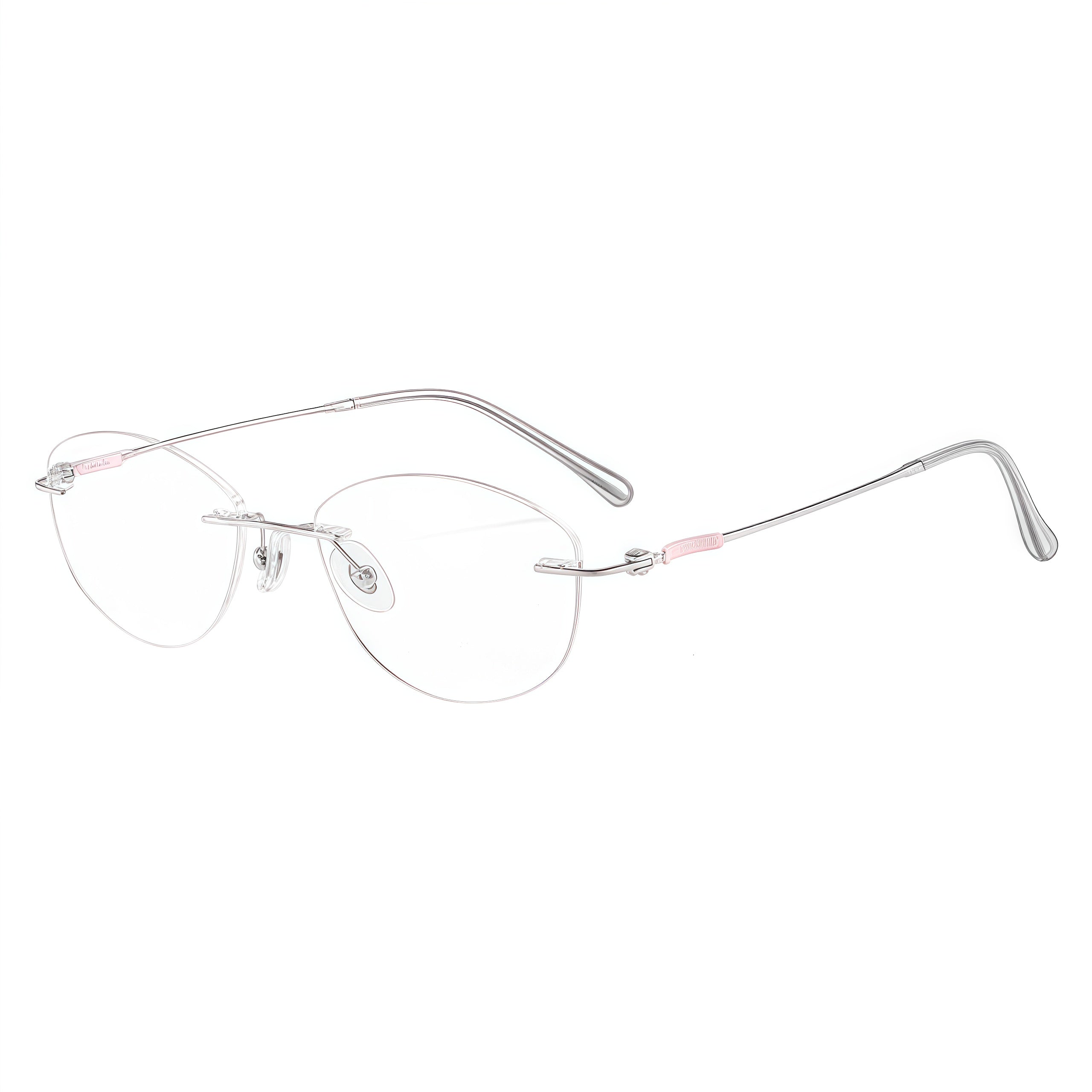 Pink/Silver women's pure titanium cat-eye rimless eyeglass frames, product views