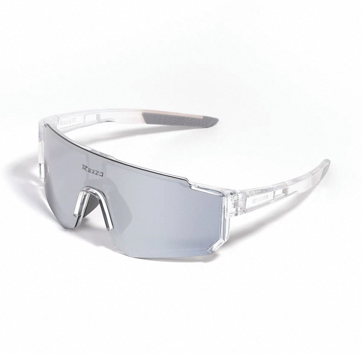 Crystal Clear Frame/Silver Mirror Lens front and 45-degree product views of Wraparound Windproof Dustproof Sports Sunglasses