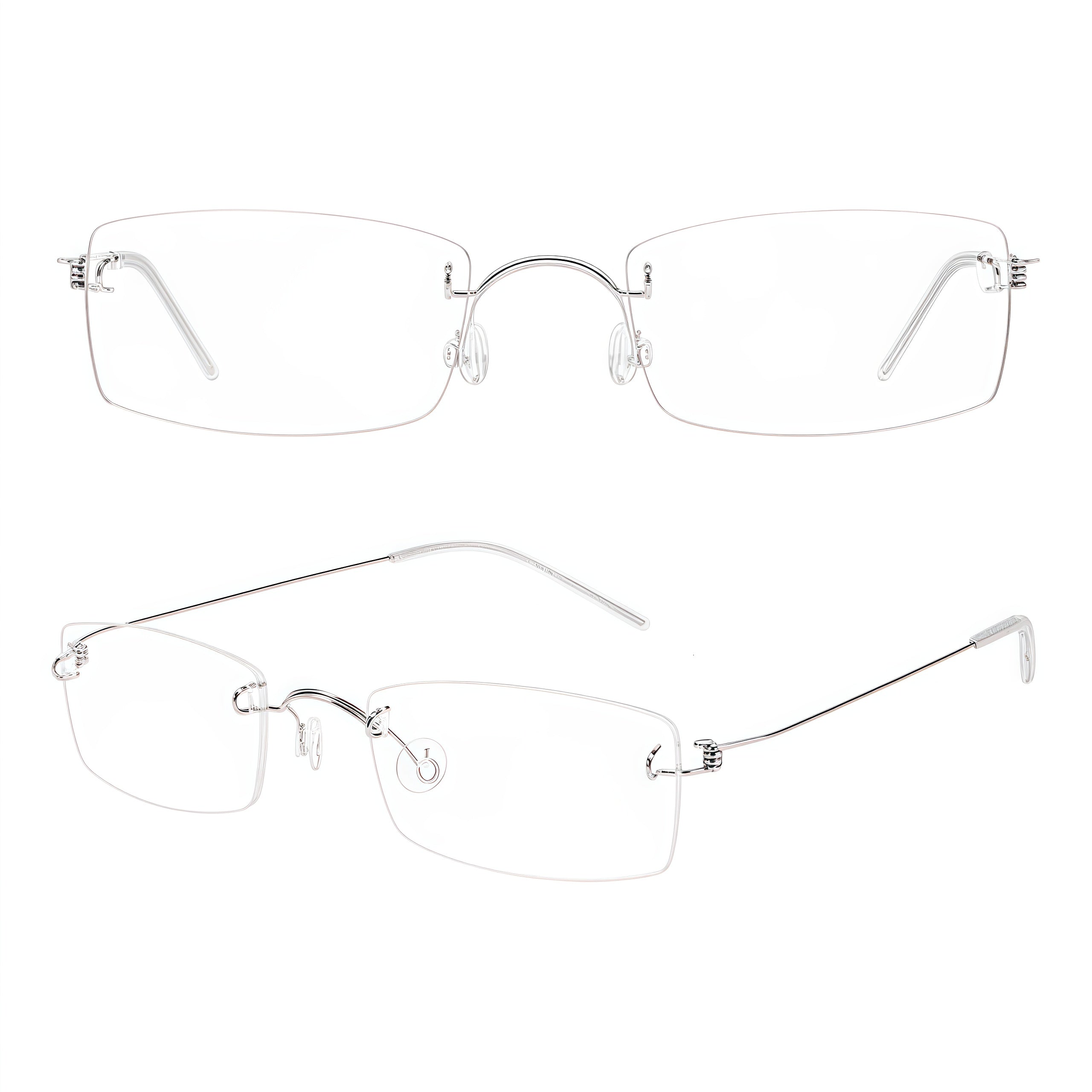 Silver unisex pure-titanium rimless arched-bridge glasses, front and 45-degree composite
