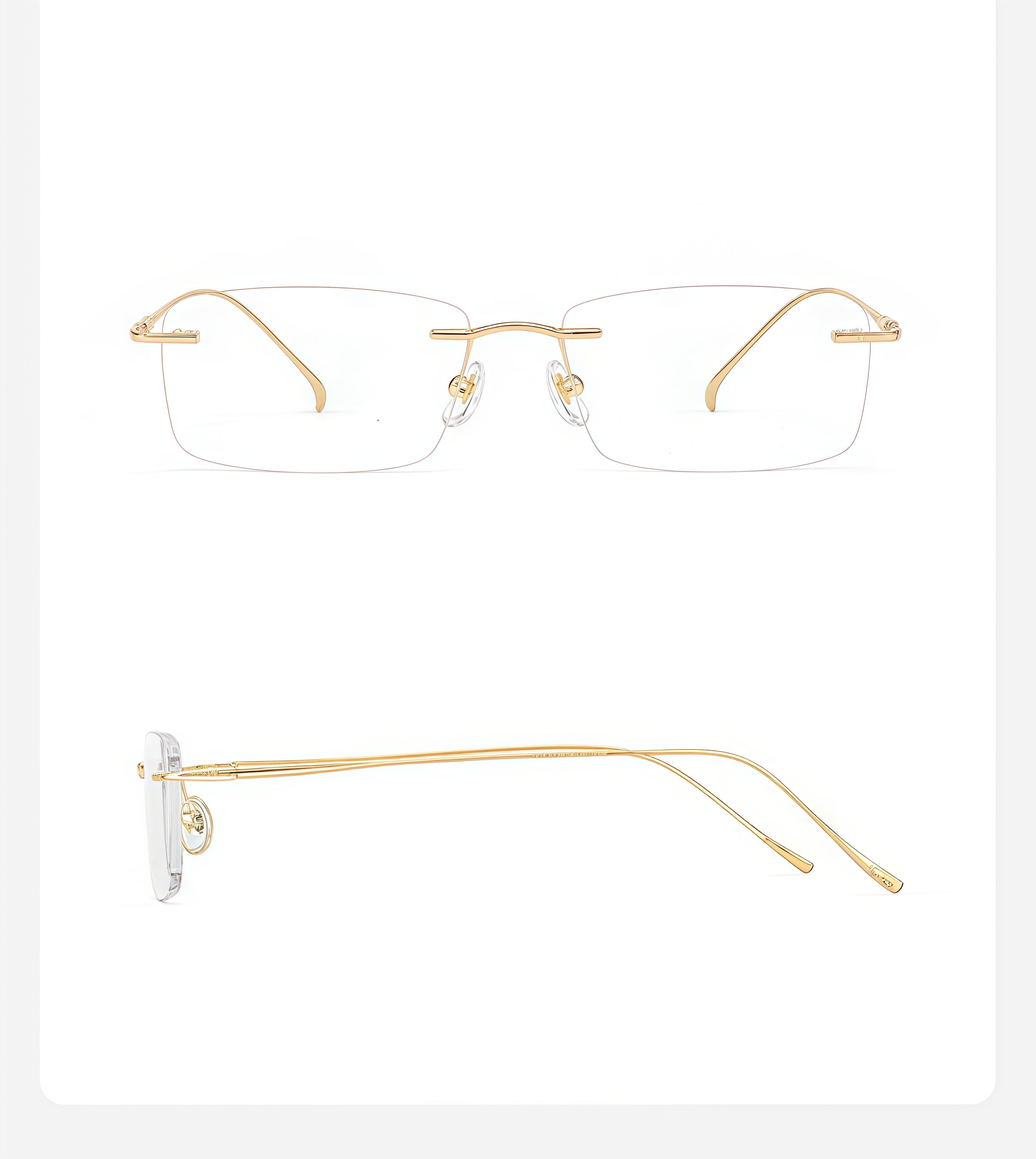 Gold women's titanium rimless rectangular glasses in front and side product views