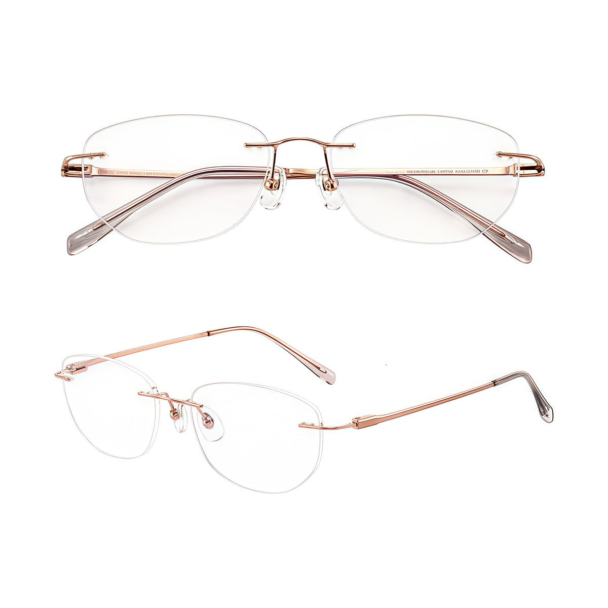 Rose Gold rimless round titanium eyeglass frames, supplier front and angle reference