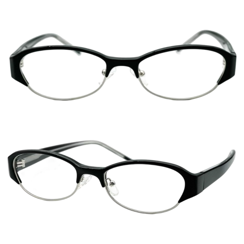 Glossy Black unisex minimalist TR and alloy semi-rimless glasses, original front and 45-degree detail