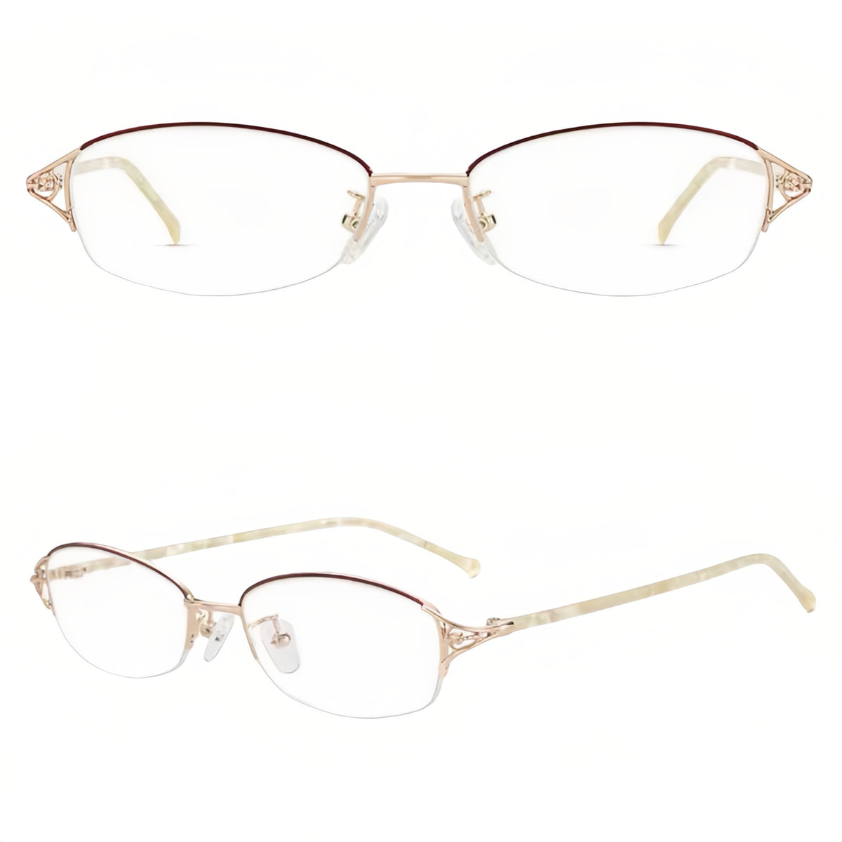 Red/Rose Gold alloy and acetate semi-rimless eyeglass frame, original product views