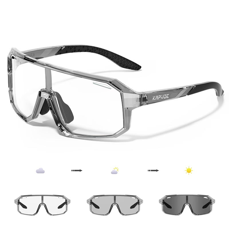 Crystal Grey TR90 full-rim photochromic sports sunglasses, colour and lens-state composite