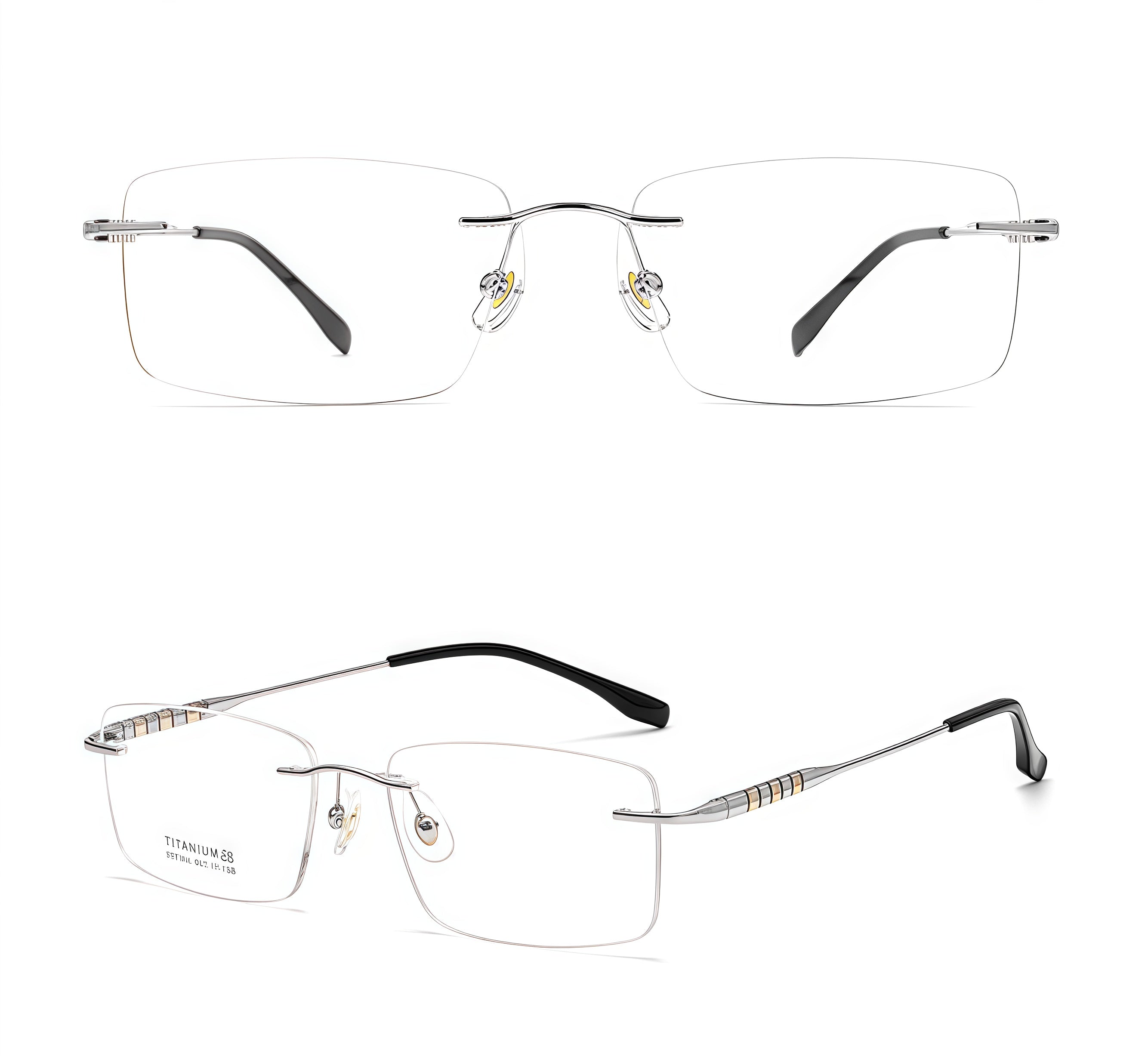 Silver men's titanium alloy rimless rectangular glasses, supplier front and three-quarter views