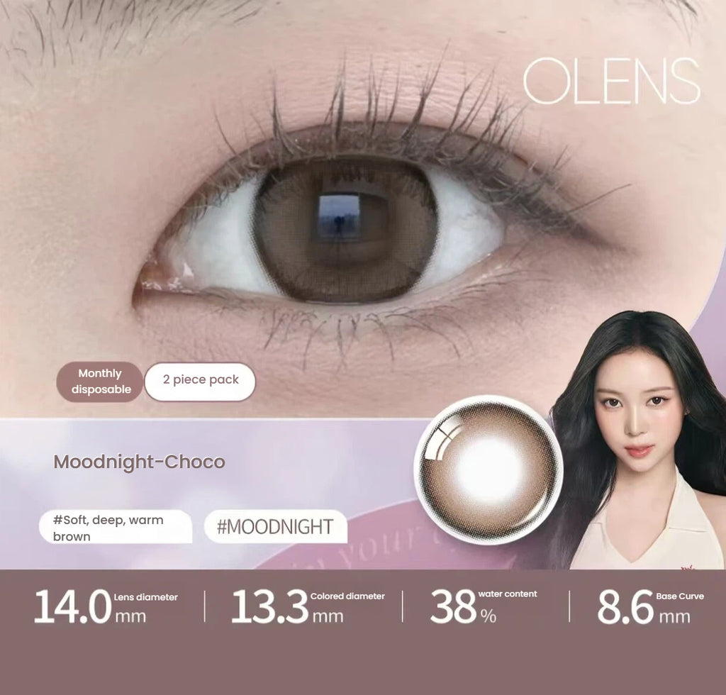 OLENS MoodNight Choco toric contact lens shown on an eye