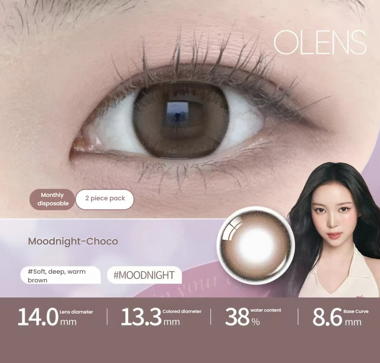OLENS MoodNight Choco toric contact lens shown on an eye