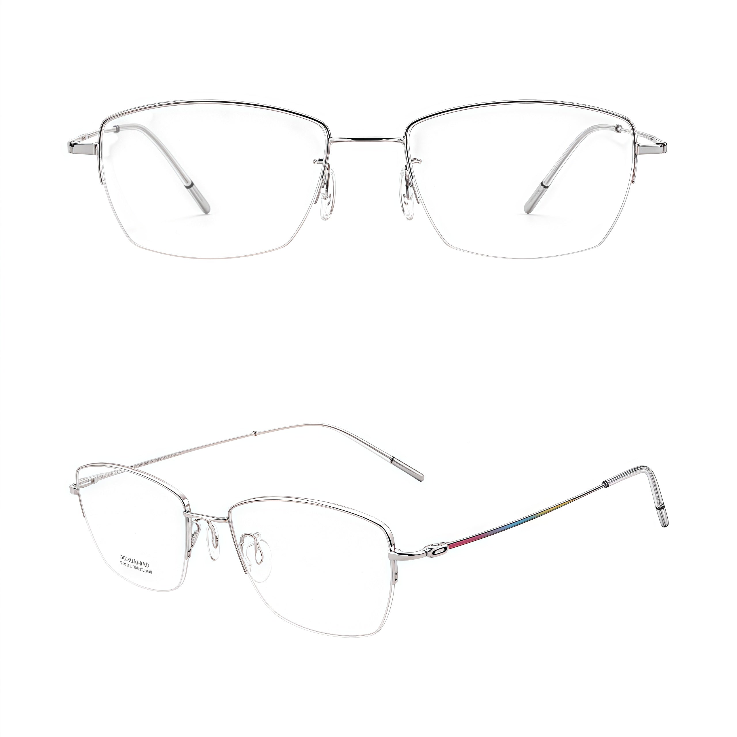 Silver minimalist titanium semi-rimless glasses, original front and 45-degree product views