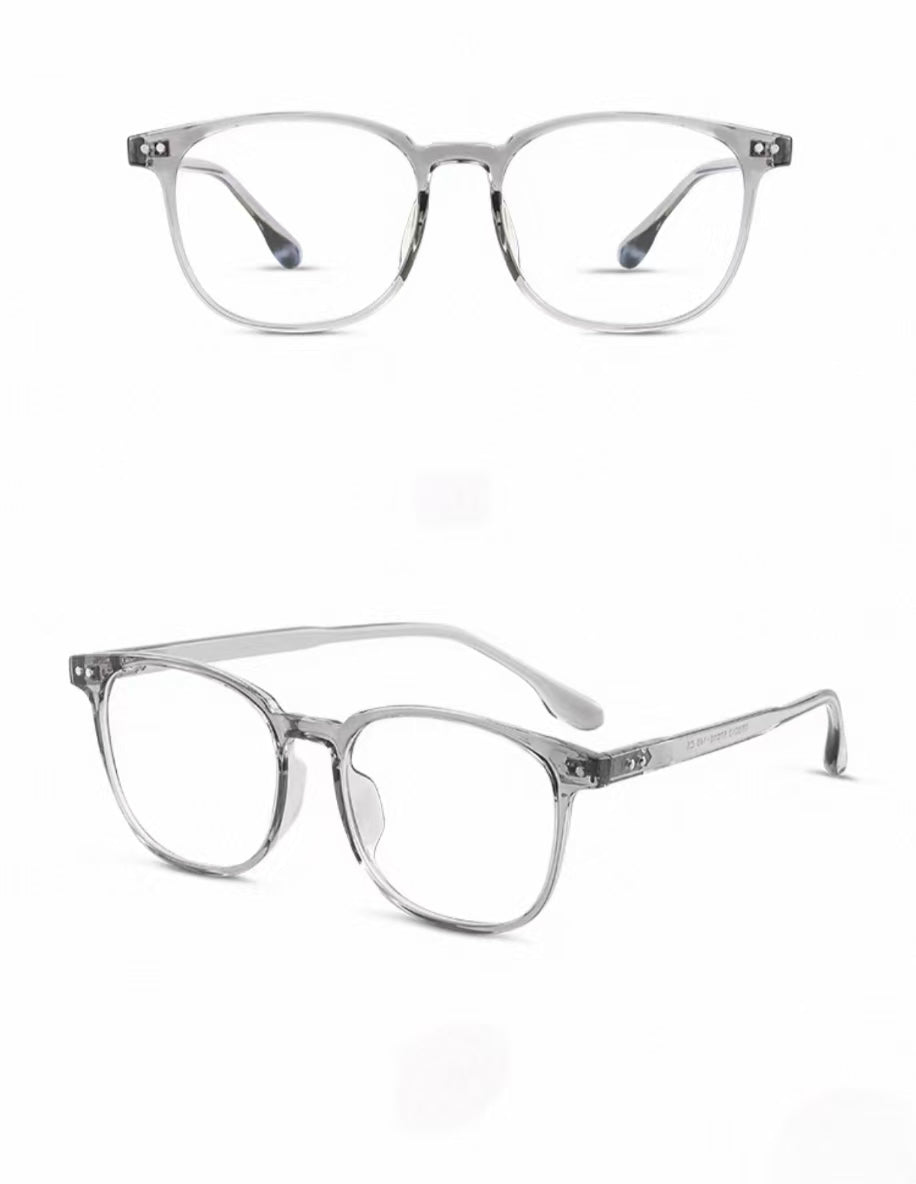Crystal Gray unisex ultra-light TR90 softened-square glasses, original front-and-45-degree composite detail