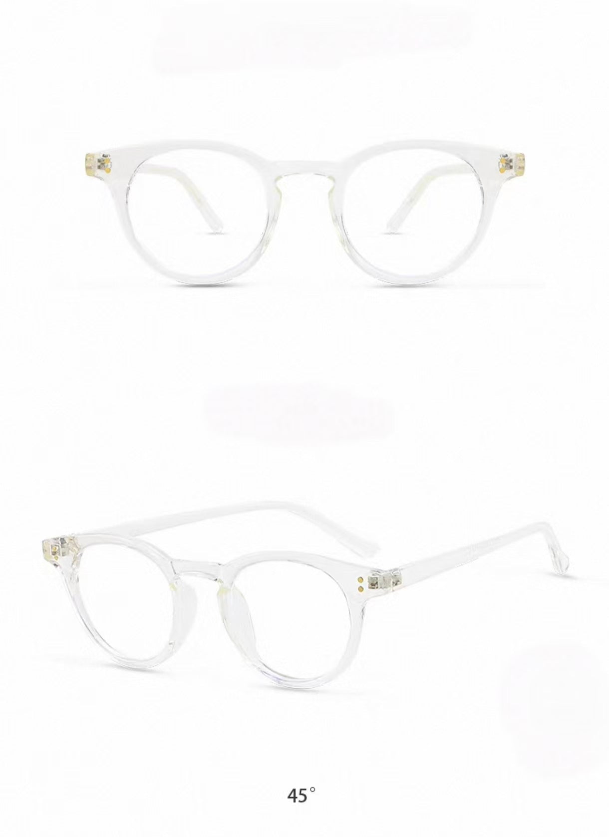 Crystal Clear small round-square full-rim eyeglass frame, front and three-quarter product views