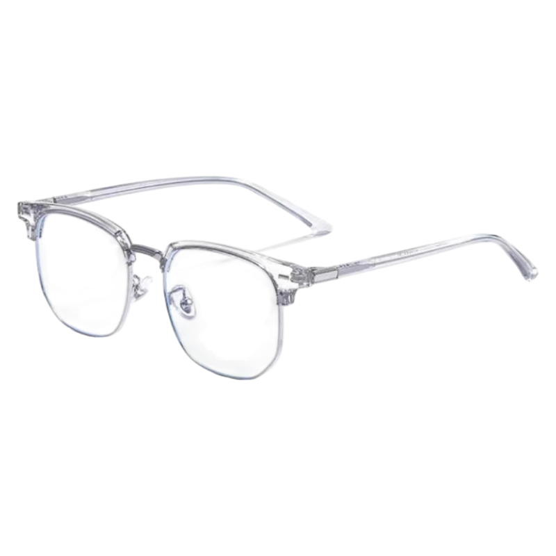Crystal Grey and Silver modern square browline profile semi-rimless eyeglass frame, three-quarter product view