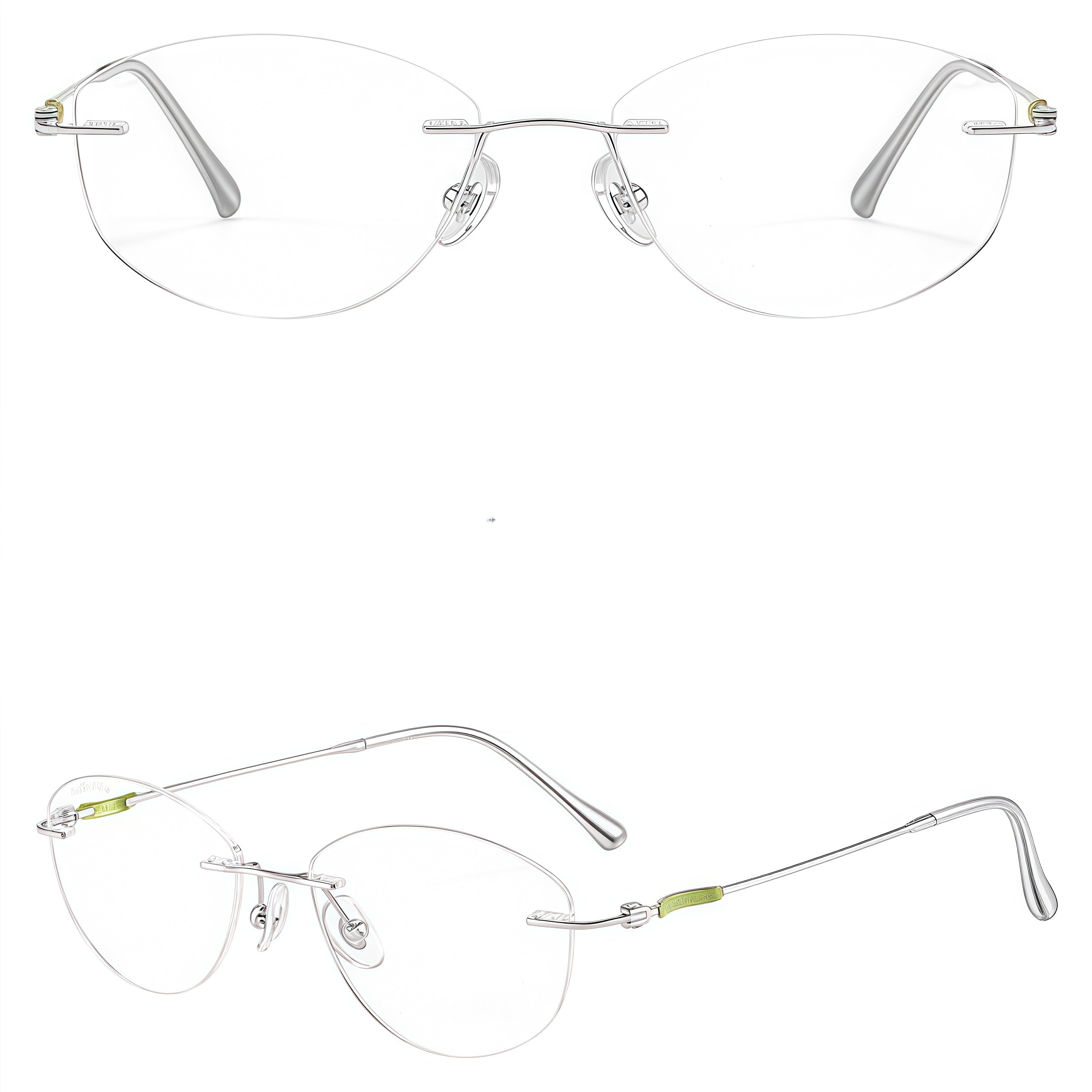 Green/Silver women's pure titanium cat-eye rimless eyeglass frames, product views