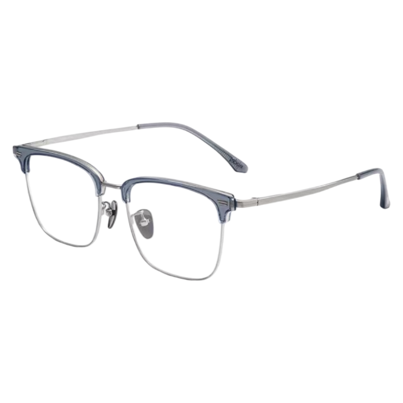 Smoky Blue and Silver minimalist oversized square profile semi-rimless eyeglass frame, three-quarter product view
