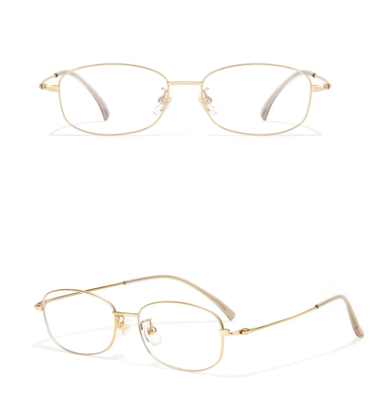 Gold women's ultra-light square full-rim glasses, original front-and-45-degree composite detail