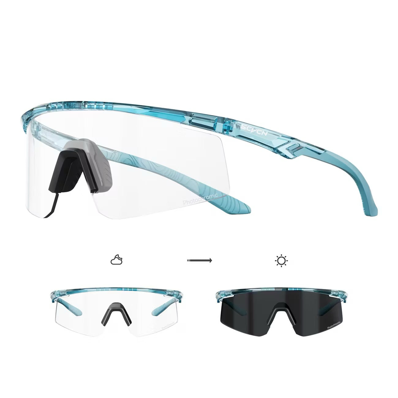 Crystal Blue Frame/Photochromic Grey Lens front and 45-degree product views of Windproof Outdoor Sports Glasses