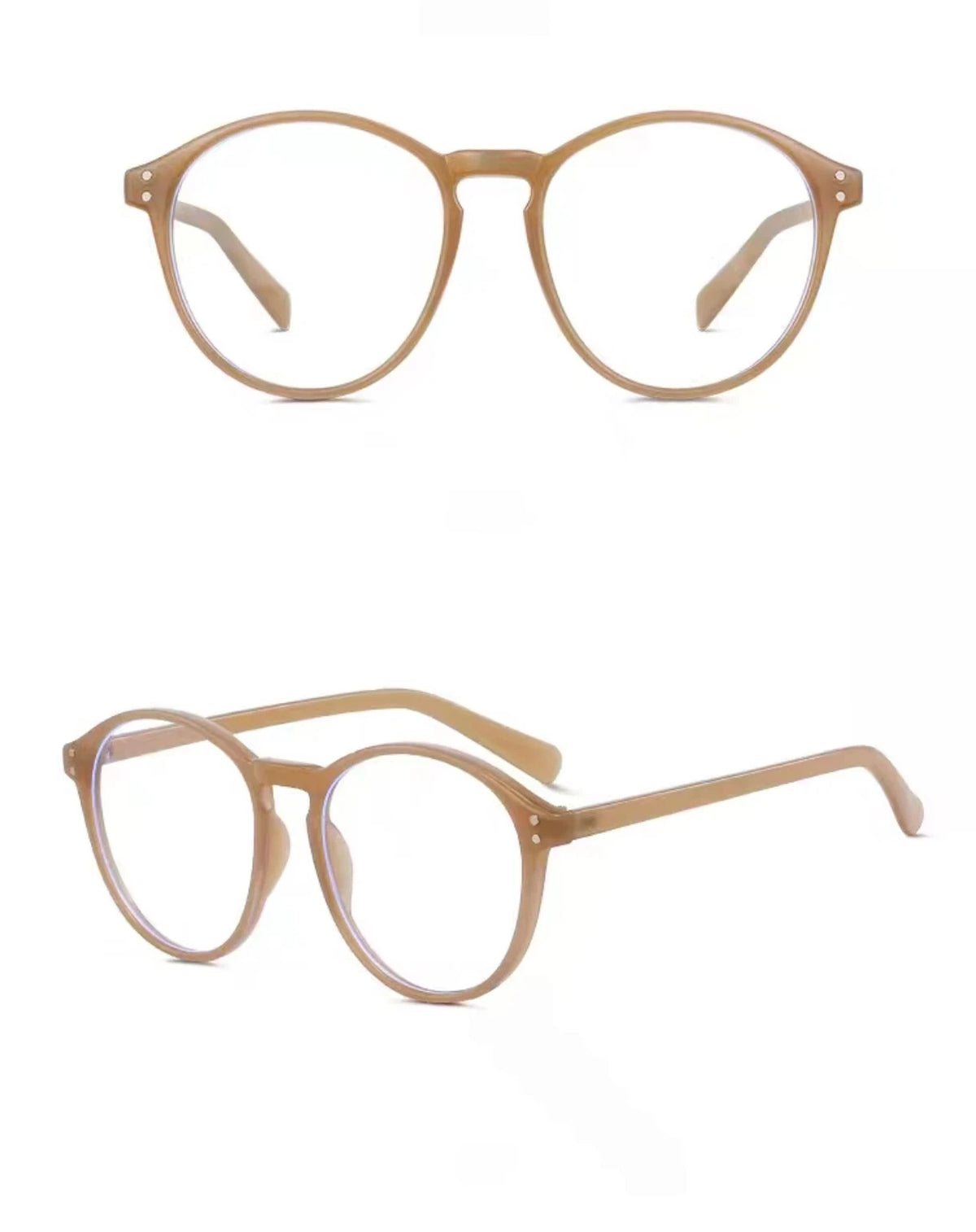 Latte Beige women's polycarbonate round-panto full-rim glasses, original front-and-45-degree composite detail