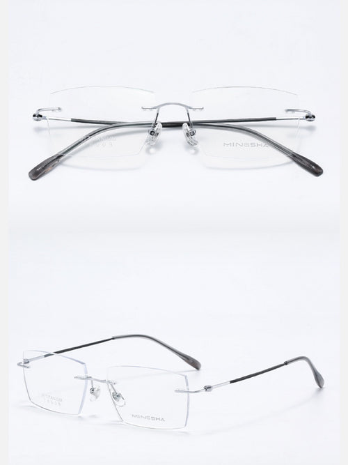 Silver men's semi-titanium geometric rectangular rimless eyeglass frames, product views
