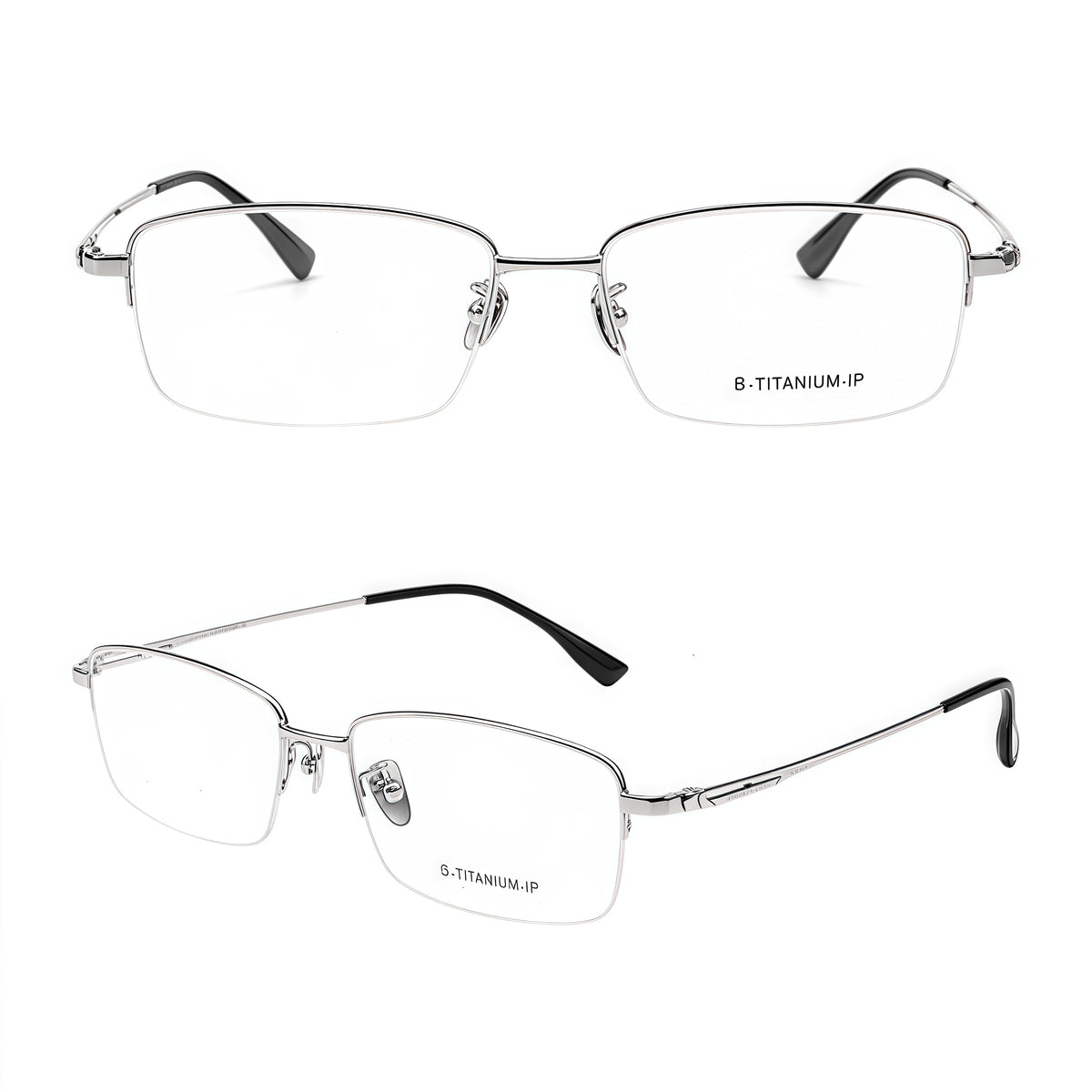 Silver men's vintage pure titanium semi-rimless glasses, front and 45-degree product detail