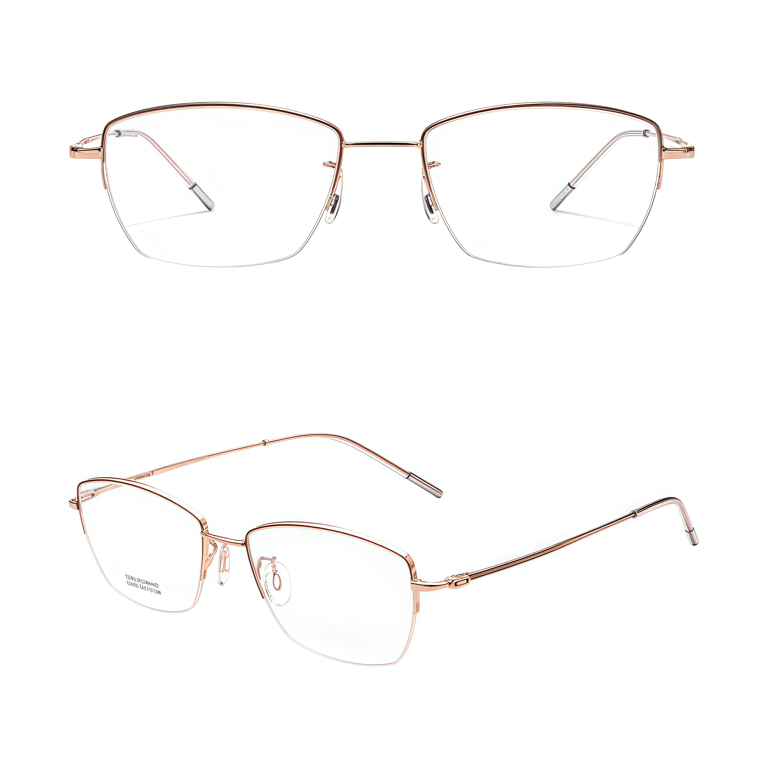 Rose Gold minimalist titanium semi-rimless glasses, original front and 45-degree product views