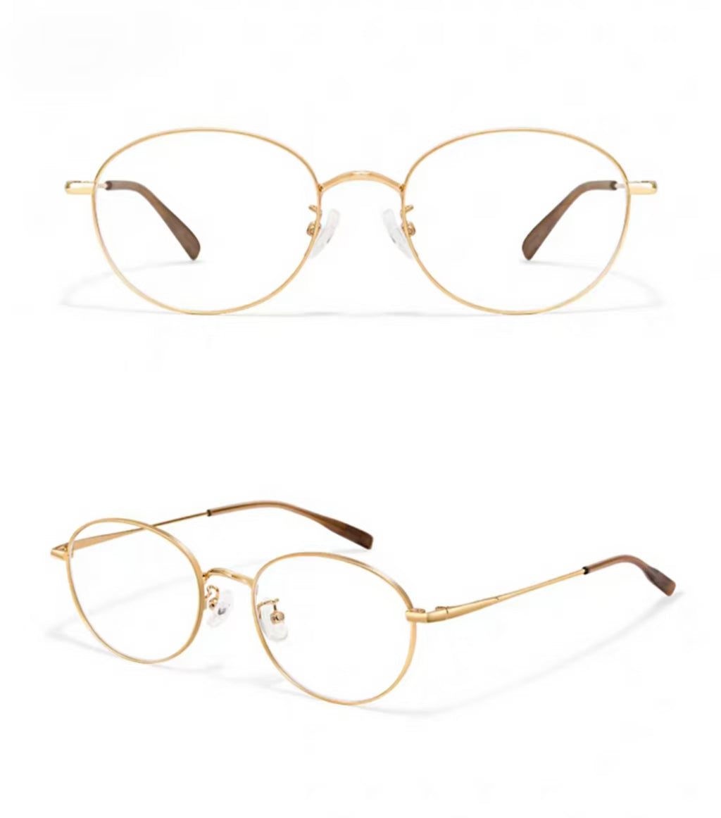 Gold thin-wire oval full-rim glasses, original front and 45-degree views