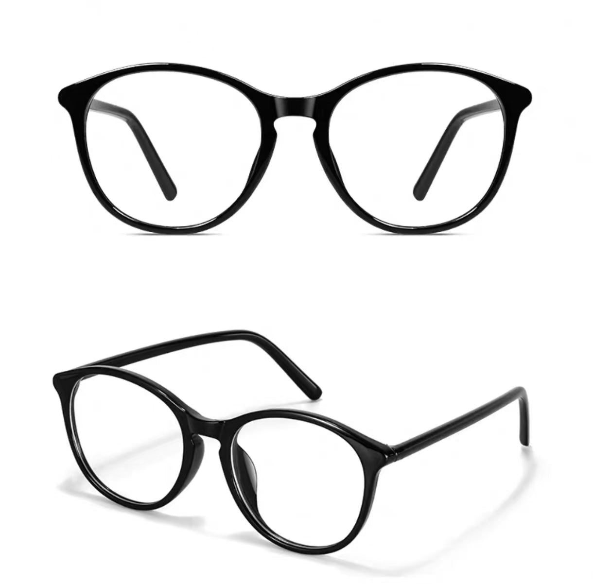Glossy Black round-square full-rim eyeglass frame, front and three-quarter product views