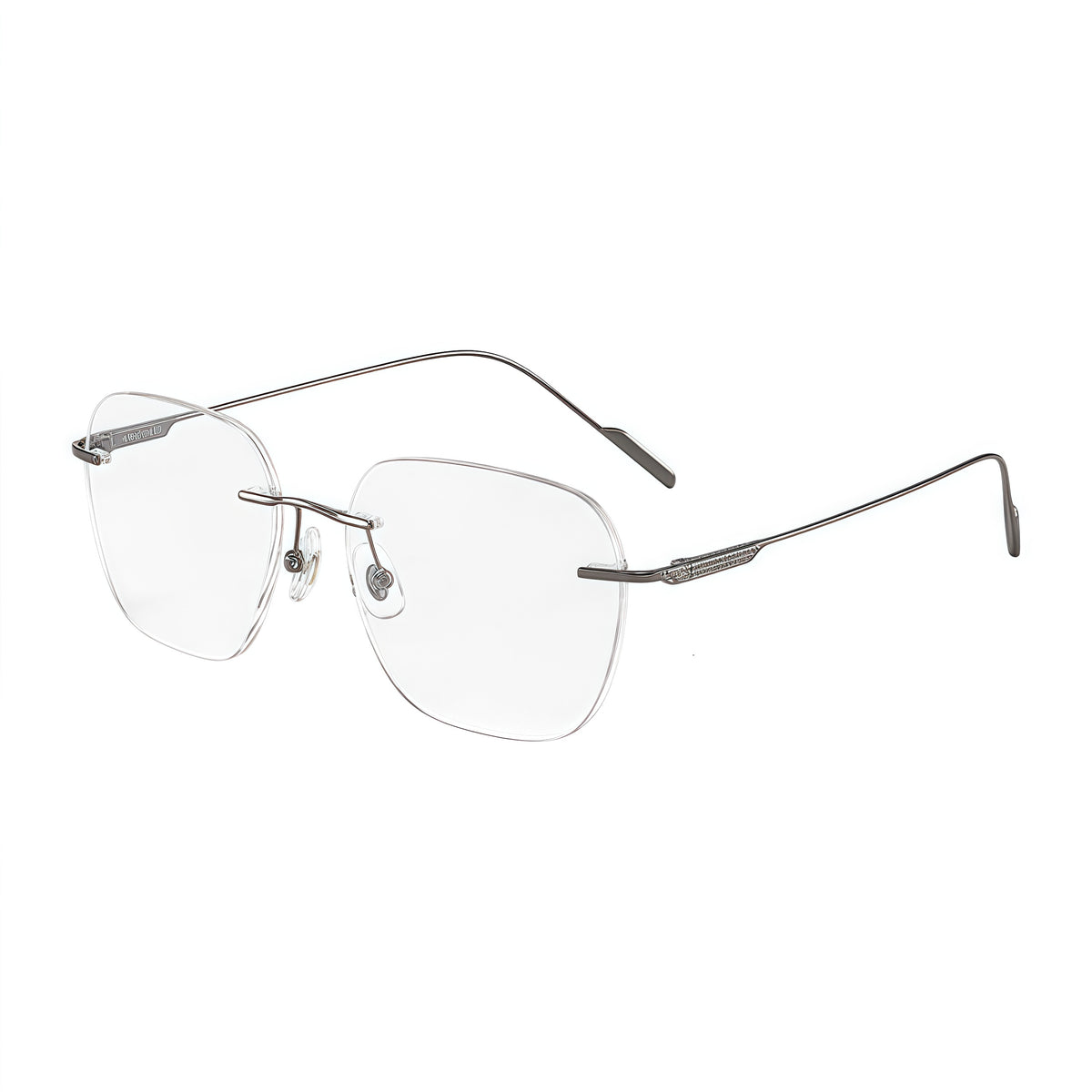 Gunmetal unisex titanium rimless geometric rectangular eyeglass frames, product view
