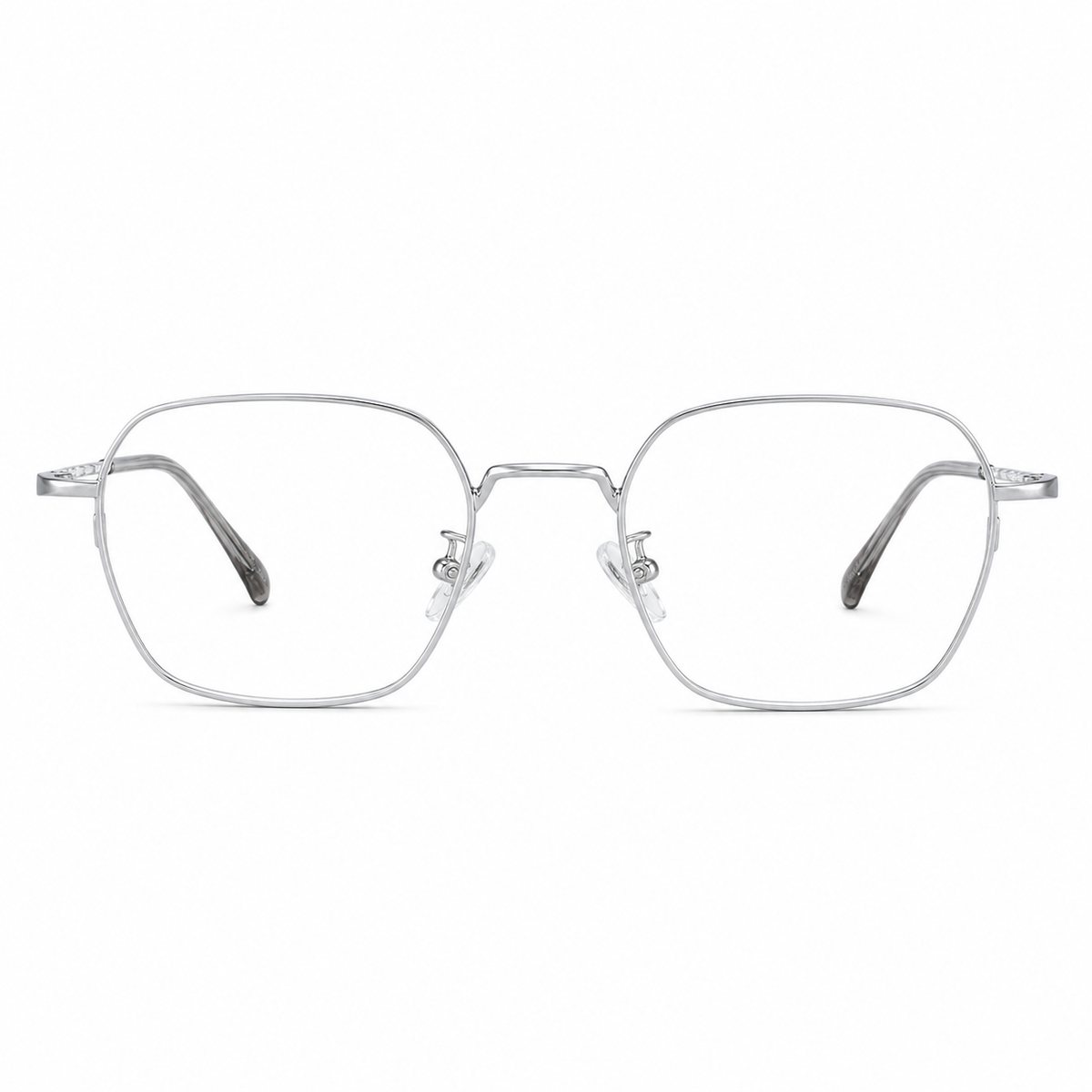 Silver eyeglass frame, front product view