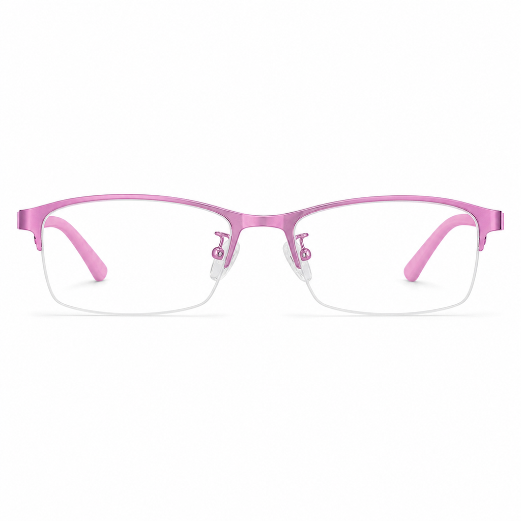 Pink eyeglass frame, front product view