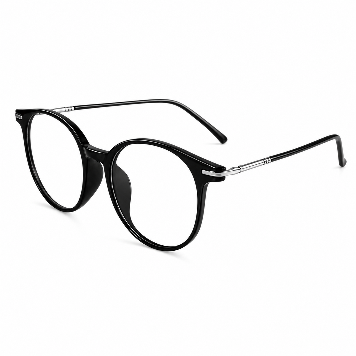 Glossy Black unisex TR90 round full-rim glasses, 45-degree product view