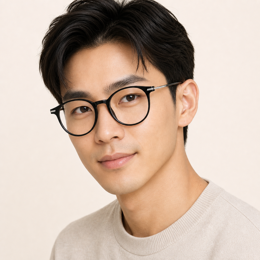 Glossy Black unisex TR90 round full-rim glasses worn by an adult East Asian man