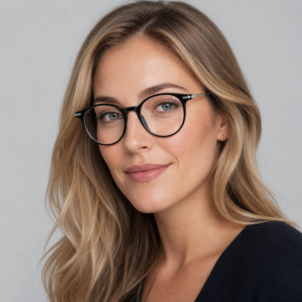 Glossy Black unisex TR90 round full-rim glasses worn by an adult White woman