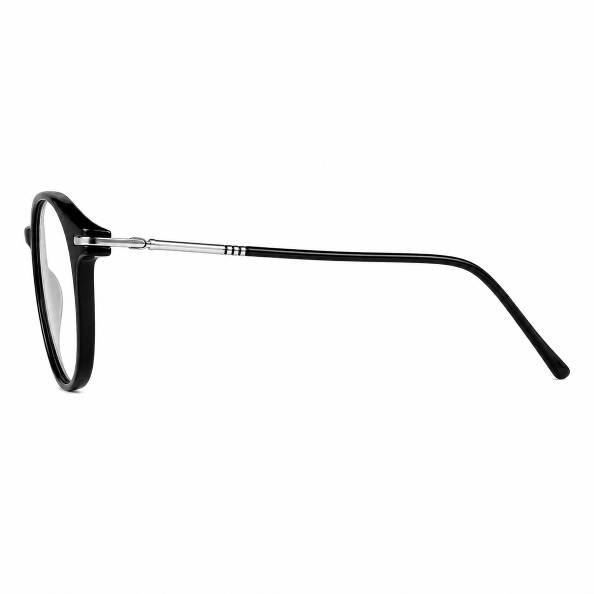 Glossy Black unisex TR90 round full-rim glasses, side-profile product view