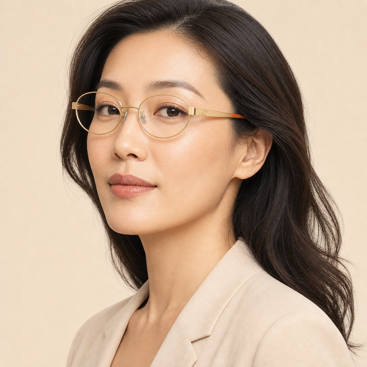 Gold oval full-rim glasses worn by an adult East Asian woman