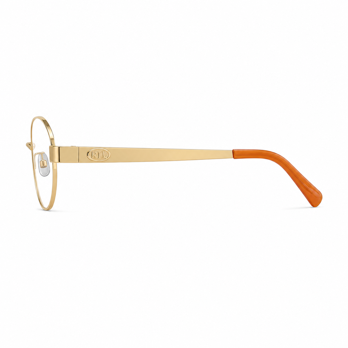 Gold oval full-rim eyeglass frame, side-profile product view