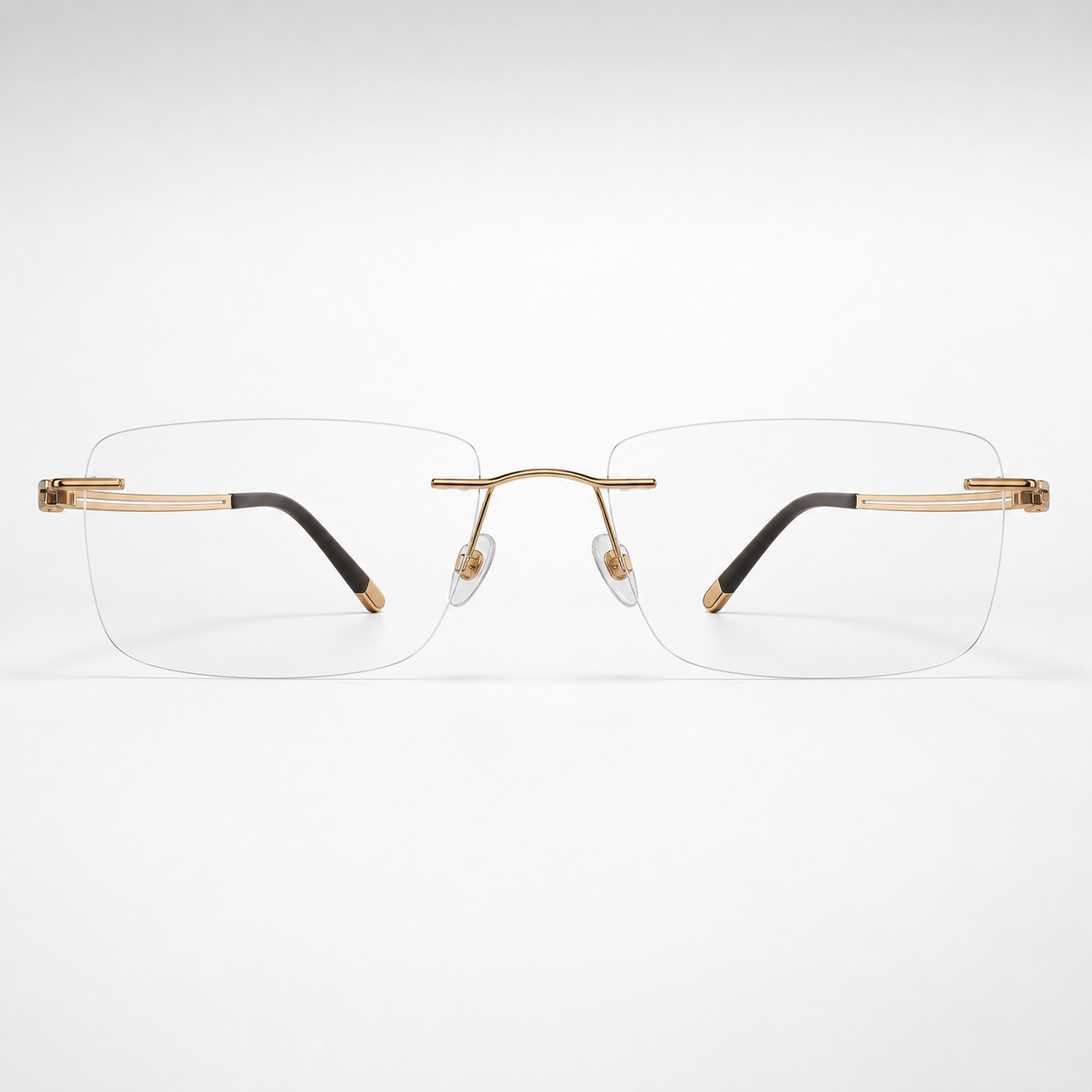 Gold pure titanium rectangular rimless glasses, front product view