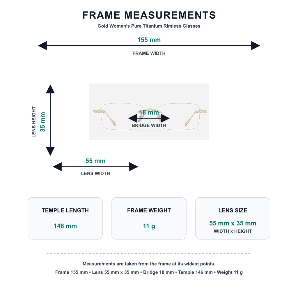 Gold pure-titanium rimless glasses measurement guide: 155 mm frame, 55 mm lens, 11 g weight