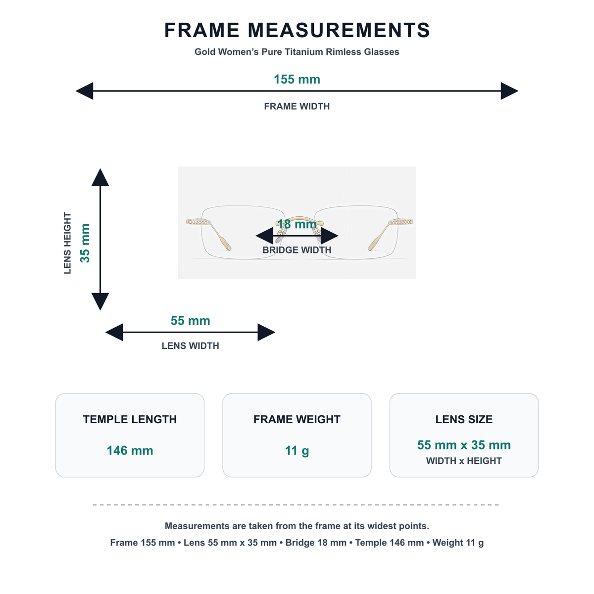 Gold pure-titanium rimless glasses measurement guide: 155 mm frame, 55 mm lens, 11 g weight