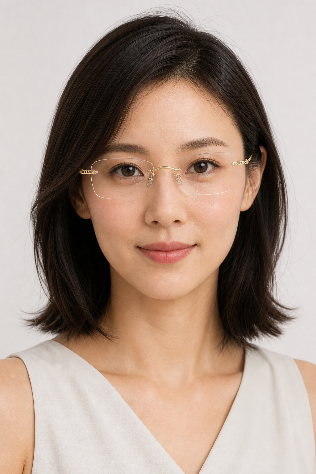 Gold pure-titanium rectangular rimless glasses worn by an adult East Asian woman