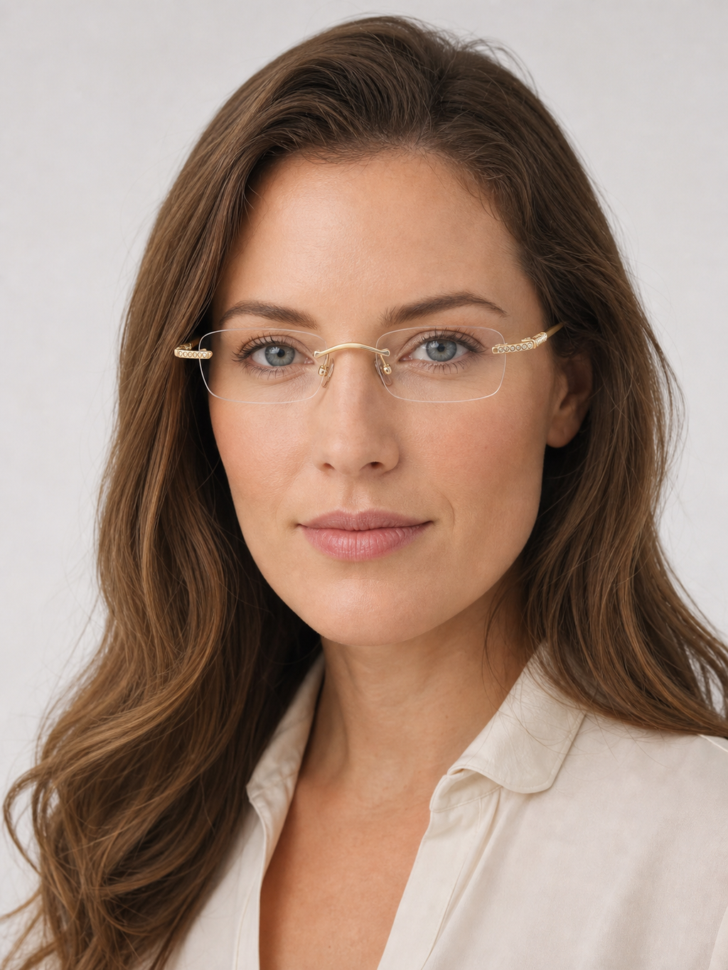 Gold pure-titanium rectangular rimless glasses worn by an adult White woman