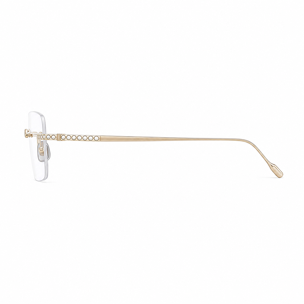 Gold pure-titanium rectangular rimless glasses, side and temple product view