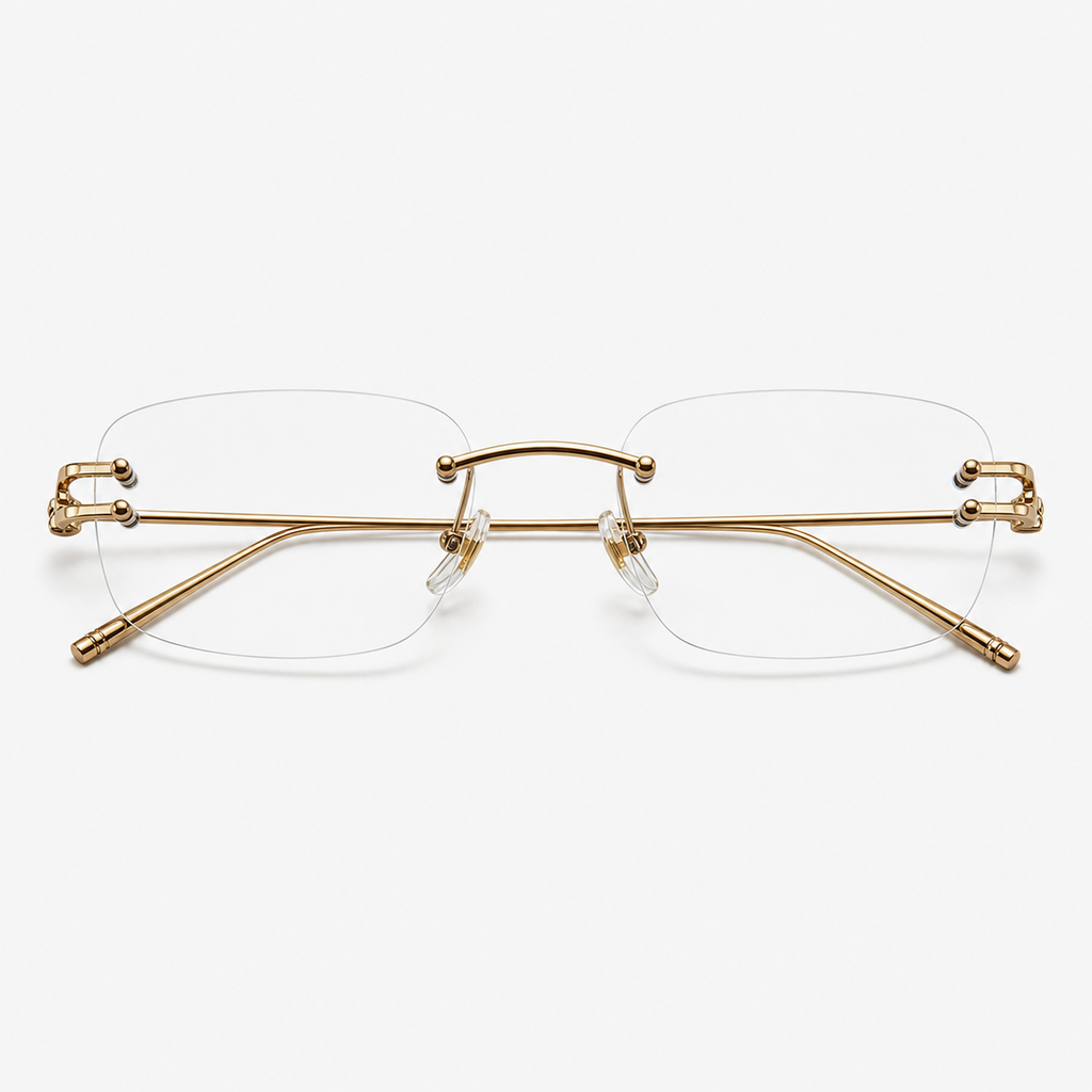 Gold semi-titanium rectangular rimless glasses, front product view