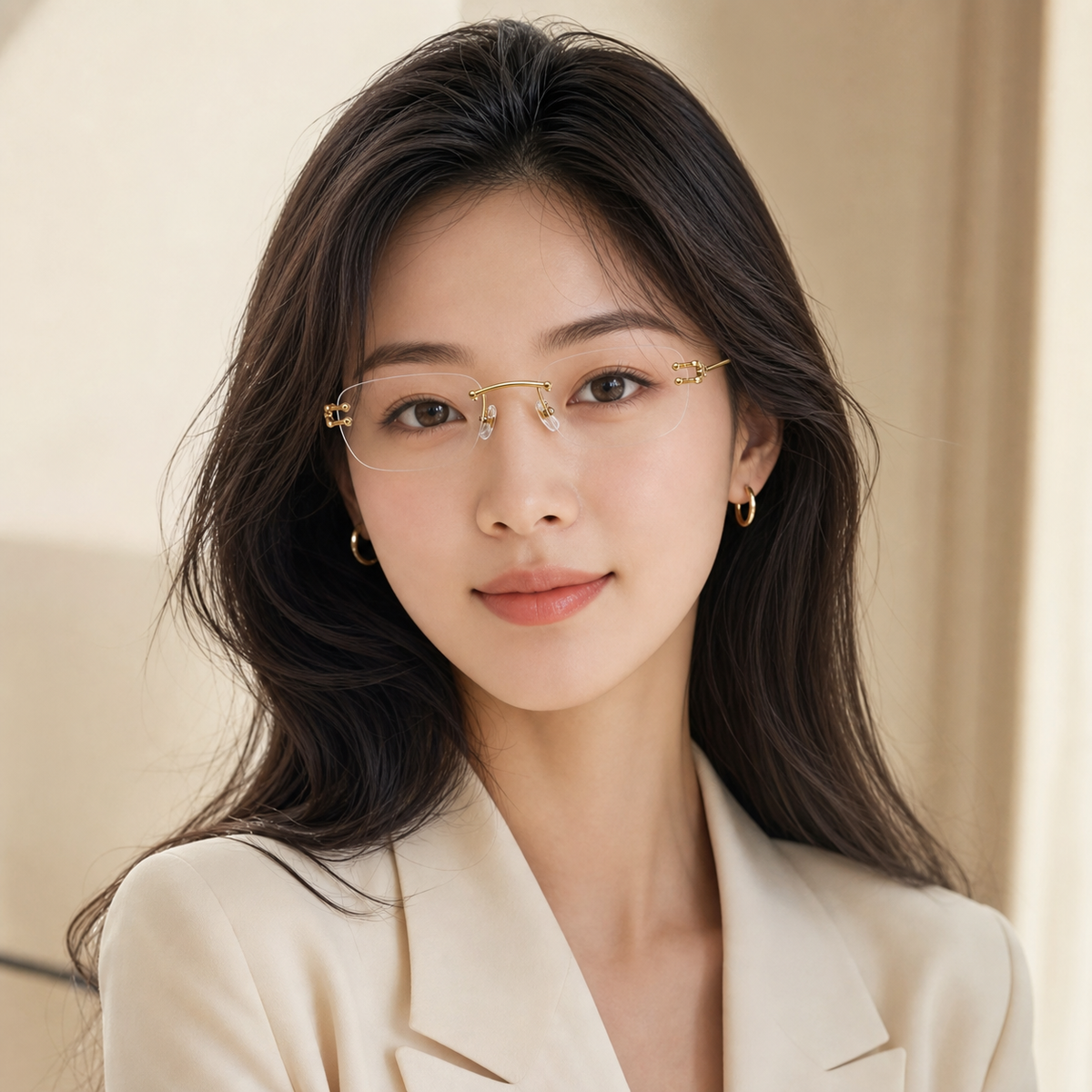 Gold semi-titanium rectangular rimless glasses worn by an adult East Asian woman