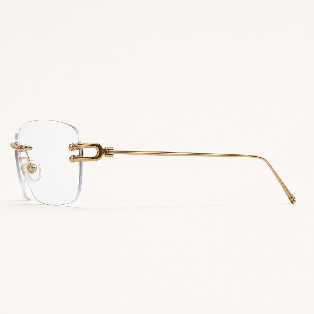 Gold semi-titanium rectangular rimless glasses, side and temple product view
