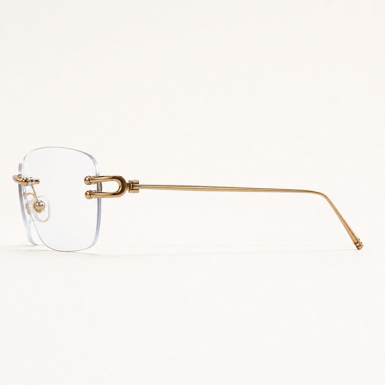 Gold semi-titanium rectangular rimless glasses, side and temple product view