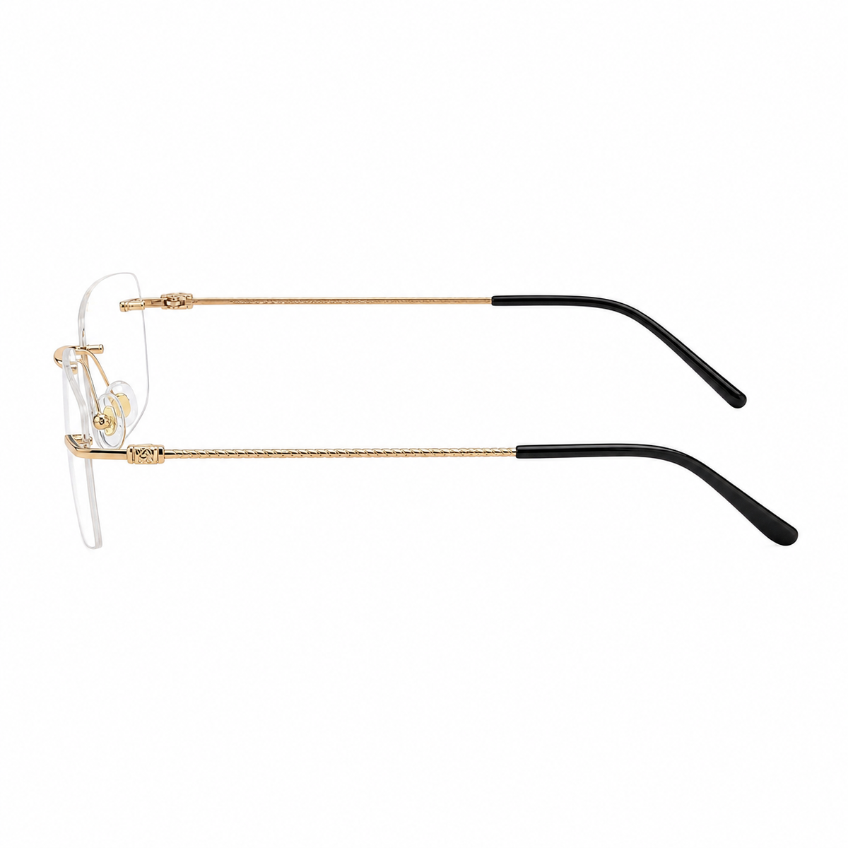 Gold semi-titanium rimless glasses, side and temple product view