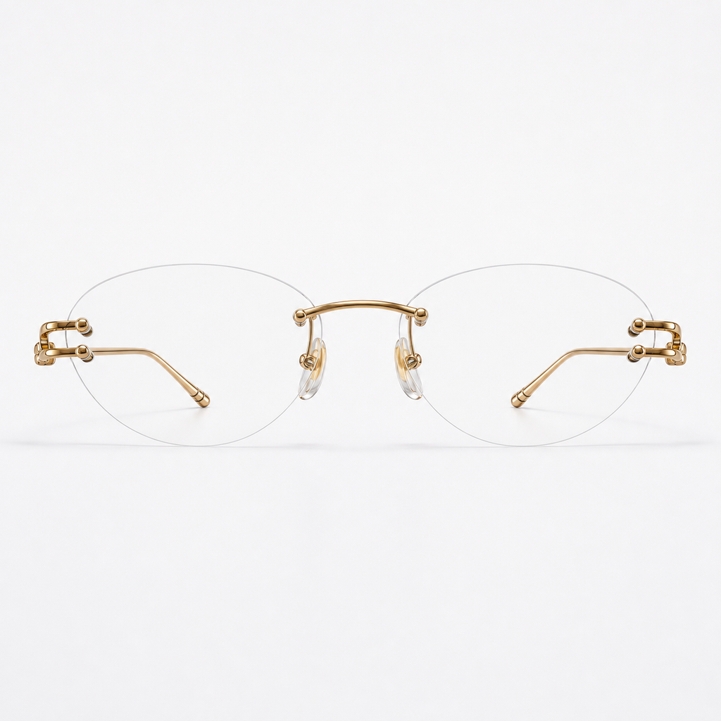 Gold semi-titanium rounded rimless glasses, front product view