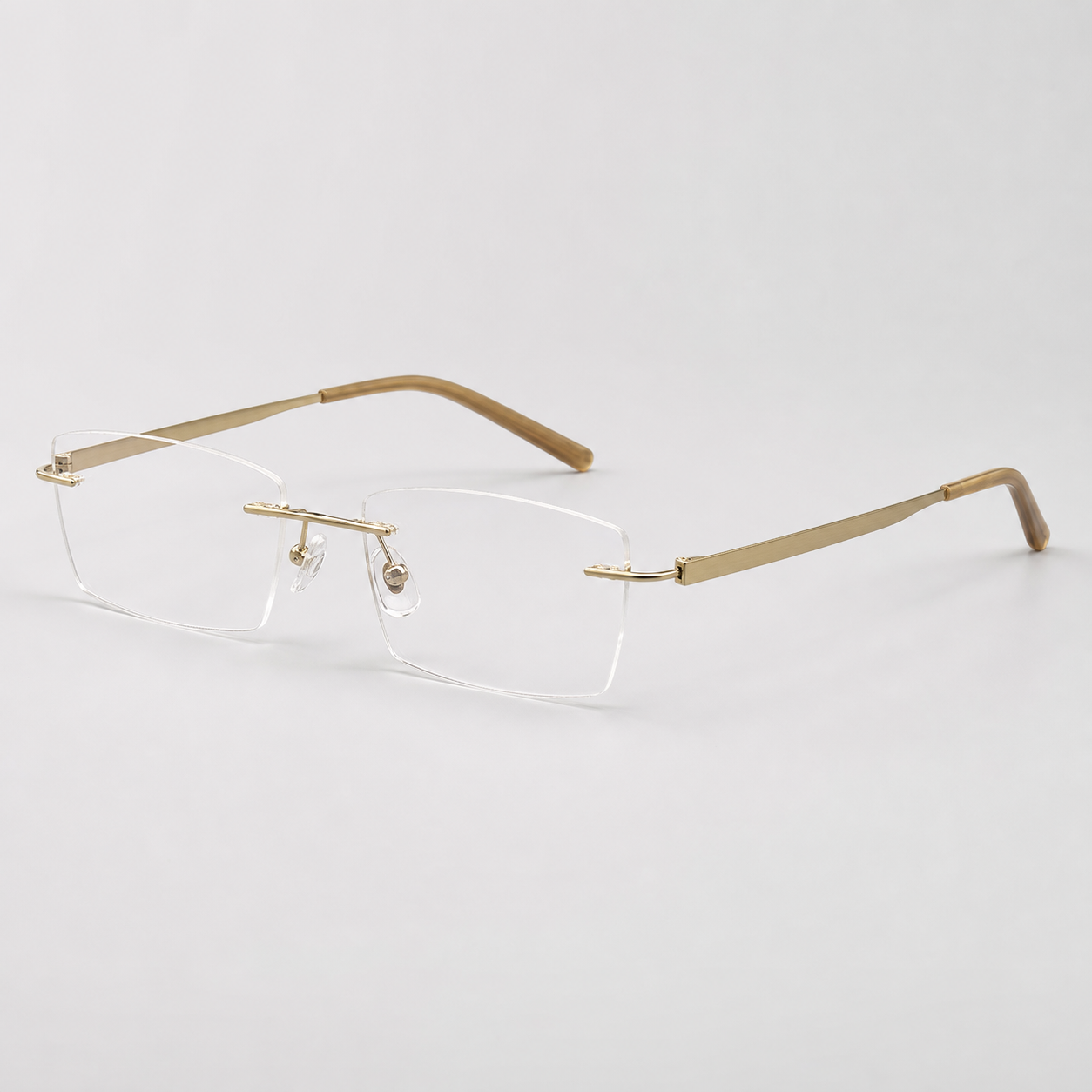 Gold titanium and acetate rectangular rimless glasses, 45-degree product view
