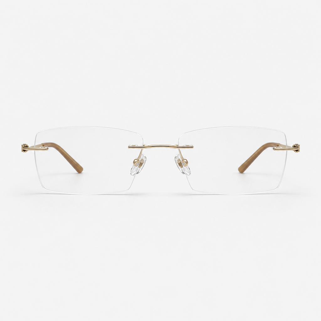 Gold titanium and acetate rectangular rimless glasses, front product view